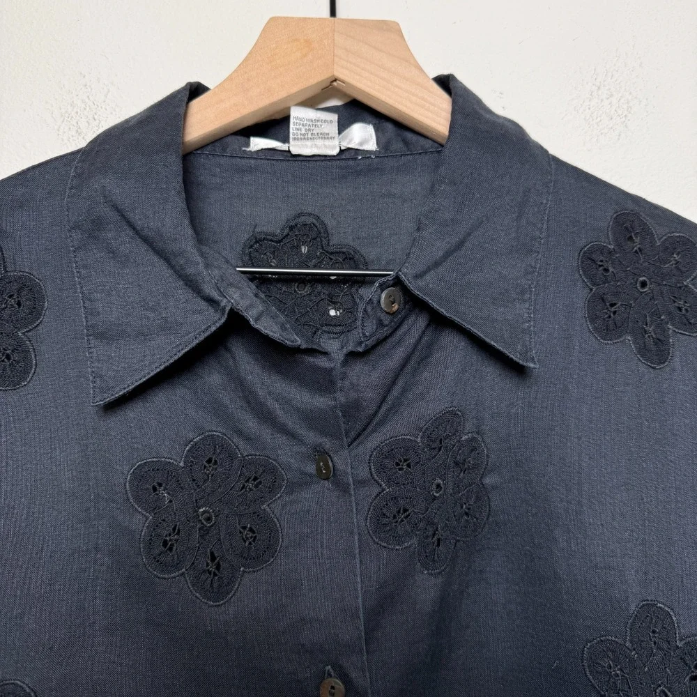 Poetic‎ Women 100% Ramie Button Down Top Black Crochet Bohemian Coastal Lagen